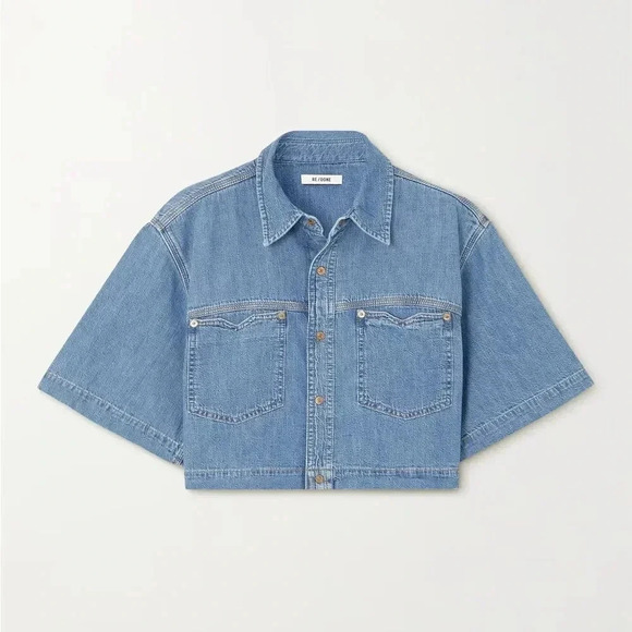 Re Done Denim Button down Crop Top - Picture 3 of 5